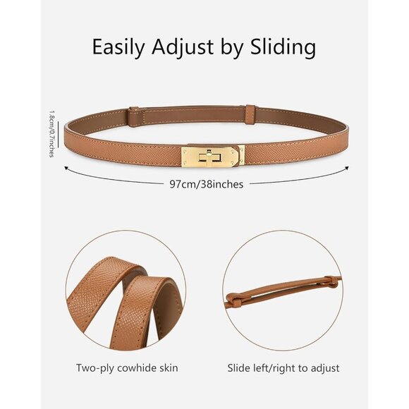 Women\'s Skinny Leather Belt With Adjustable Silver Turn-Lock Buckle Ideal Brown